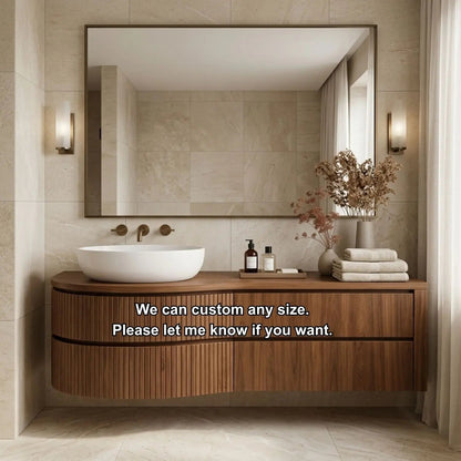 Curved Floating Bathroom Vanity with Fluted Wood Panels and Drawer Storage Kitchnce