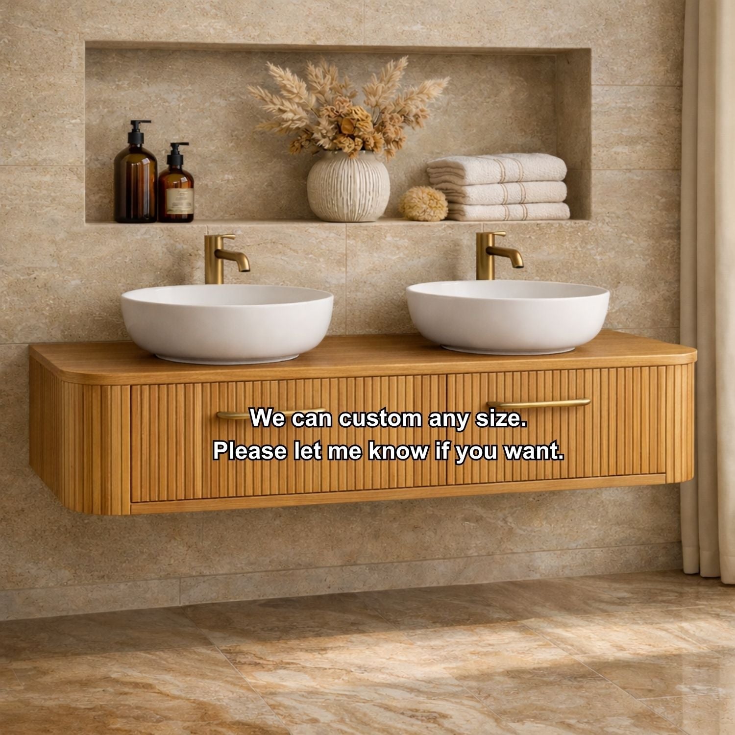 Modern Floating Bathroom Vanity with Storage – Handcrafted Wooden Design with Fluted Drawers Kitchnce