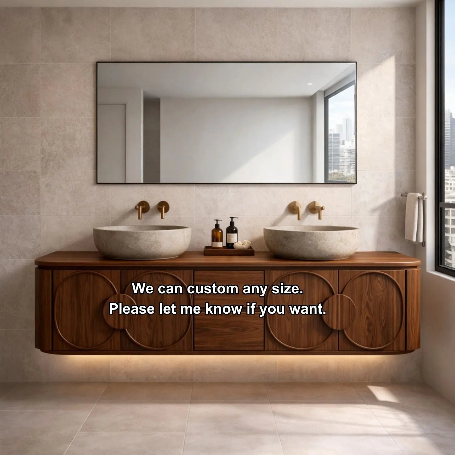 Floating Bathroom Vanity with Circular Panel Doors and Center Drawer Storage Kitchnce