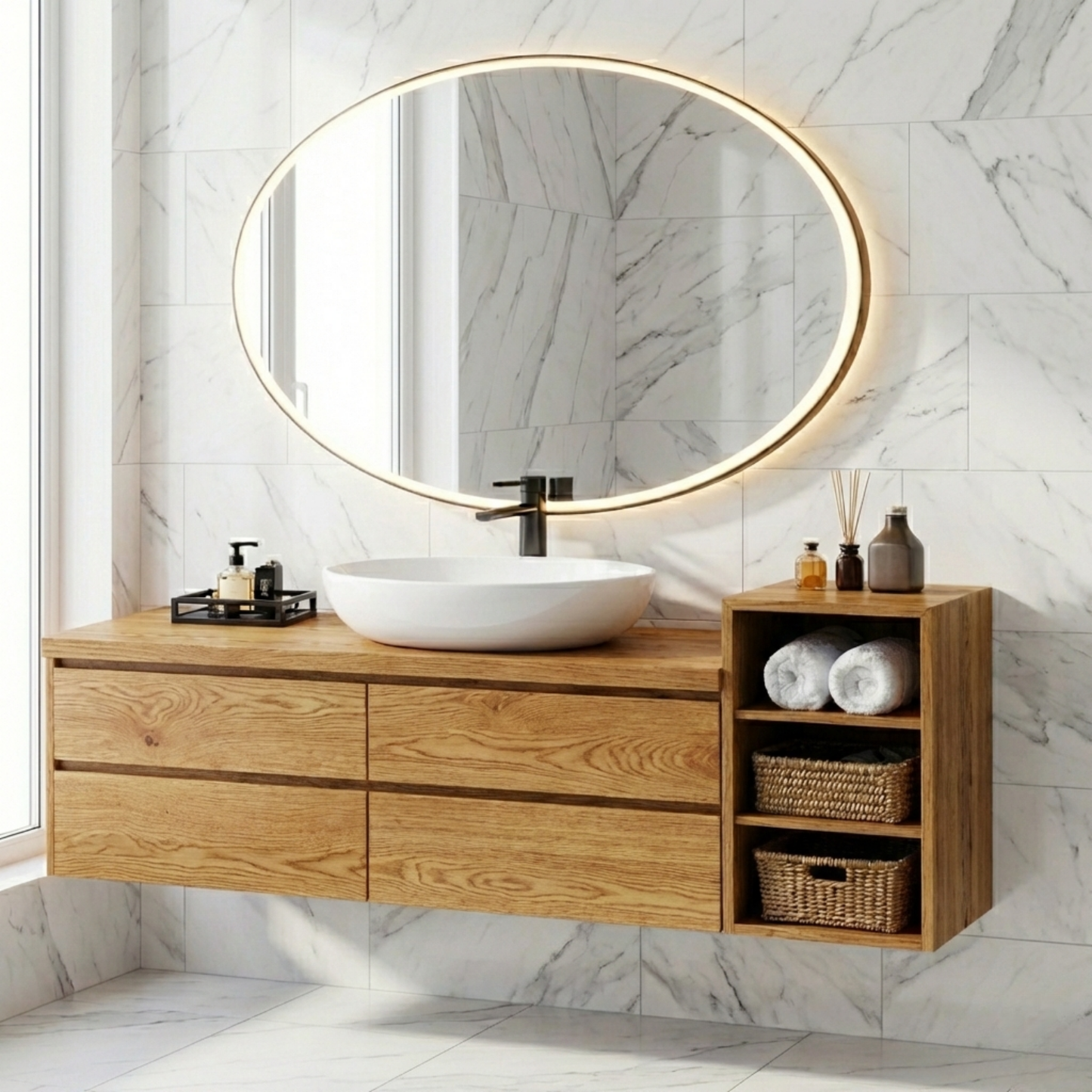 Floating Solid Wood Bathroom Vanity with Drawers & Open Shelf Storage