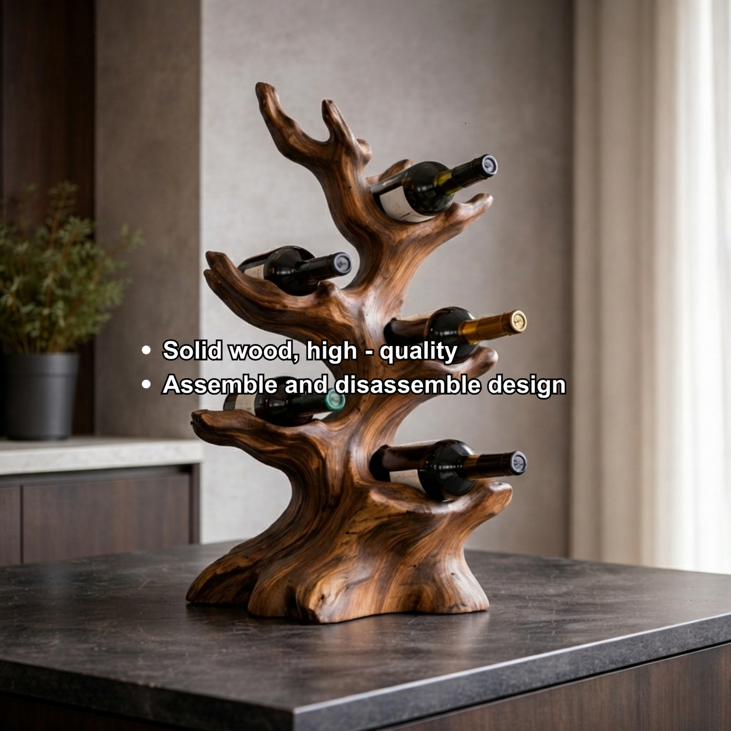 Handcrafted Solid Wood Wine Holder – Tree-Inspired Sculptural Countertop Wine Rack