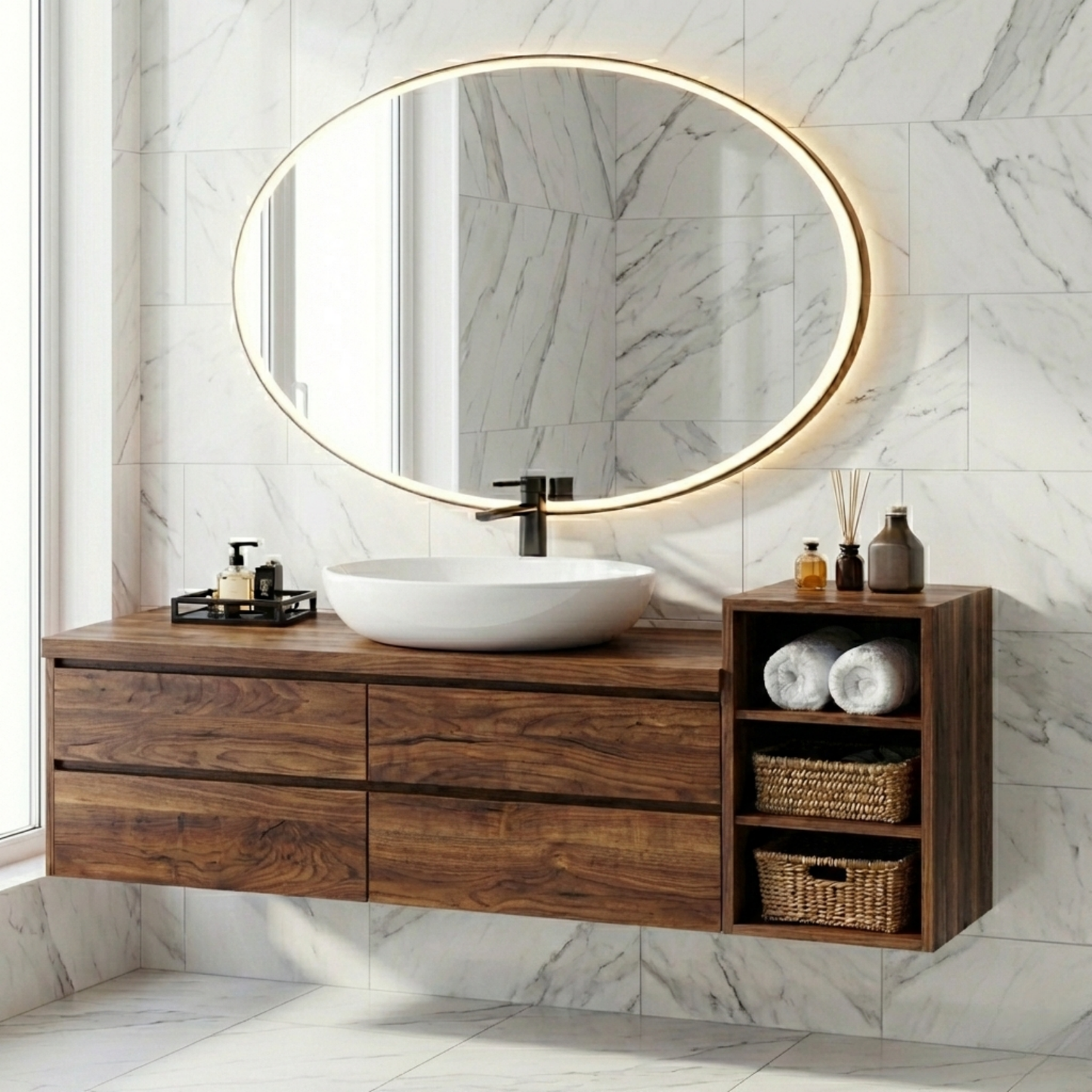 Floating Solid Wood Bathroom Vanity with Drawers & Open Shelf Storage