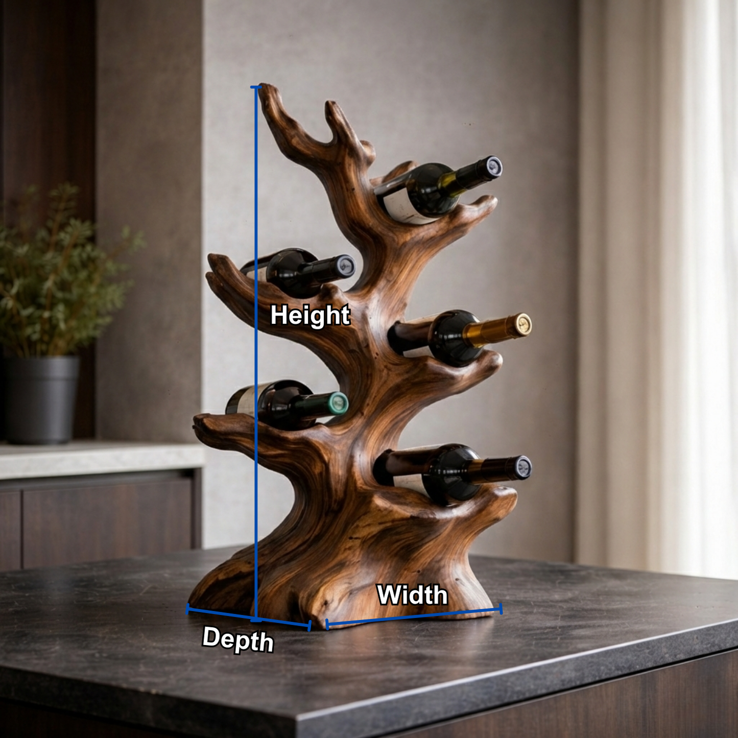Handcrafted Solid Wood Wine Holder – Tree-Inspired Sculptural Countertop Wine Rack
