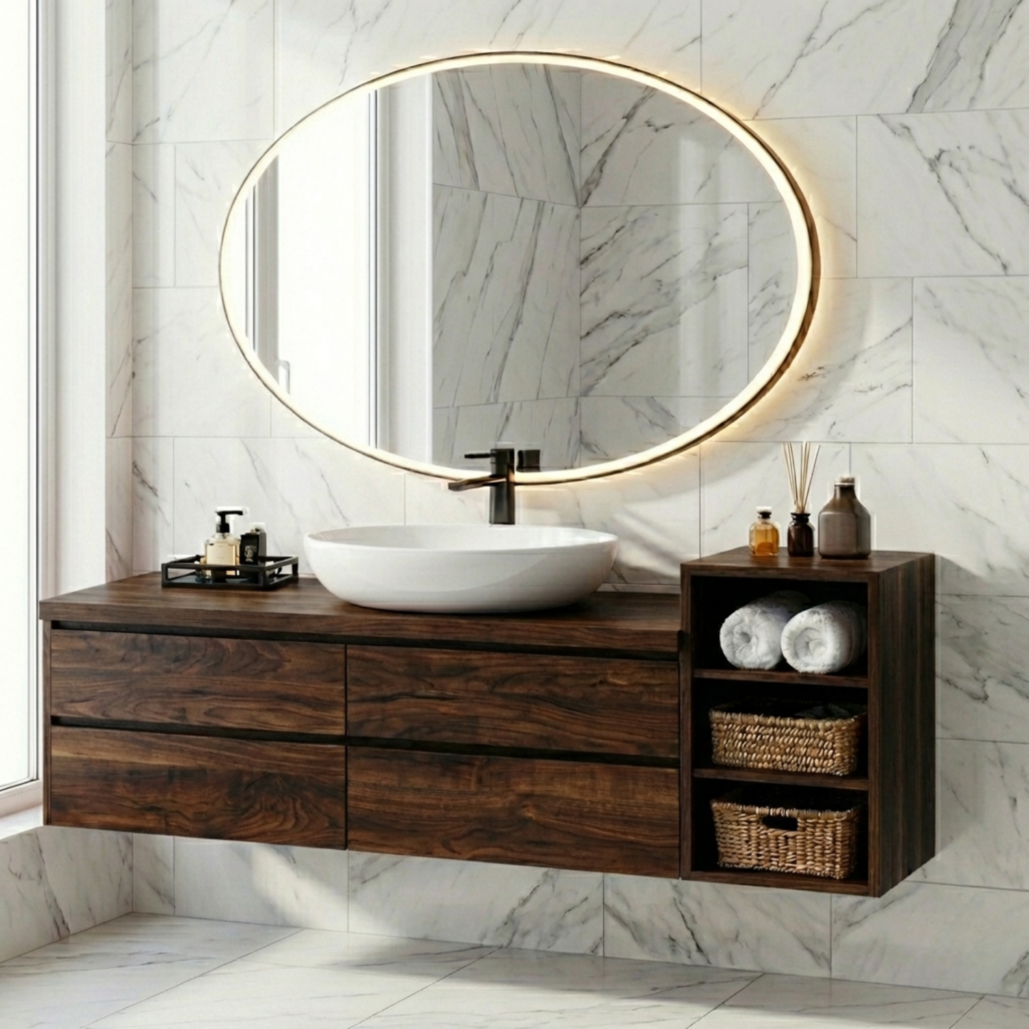 Floating Solid Wood Bathroom Vanity with Drawers & Open Shelf Storage