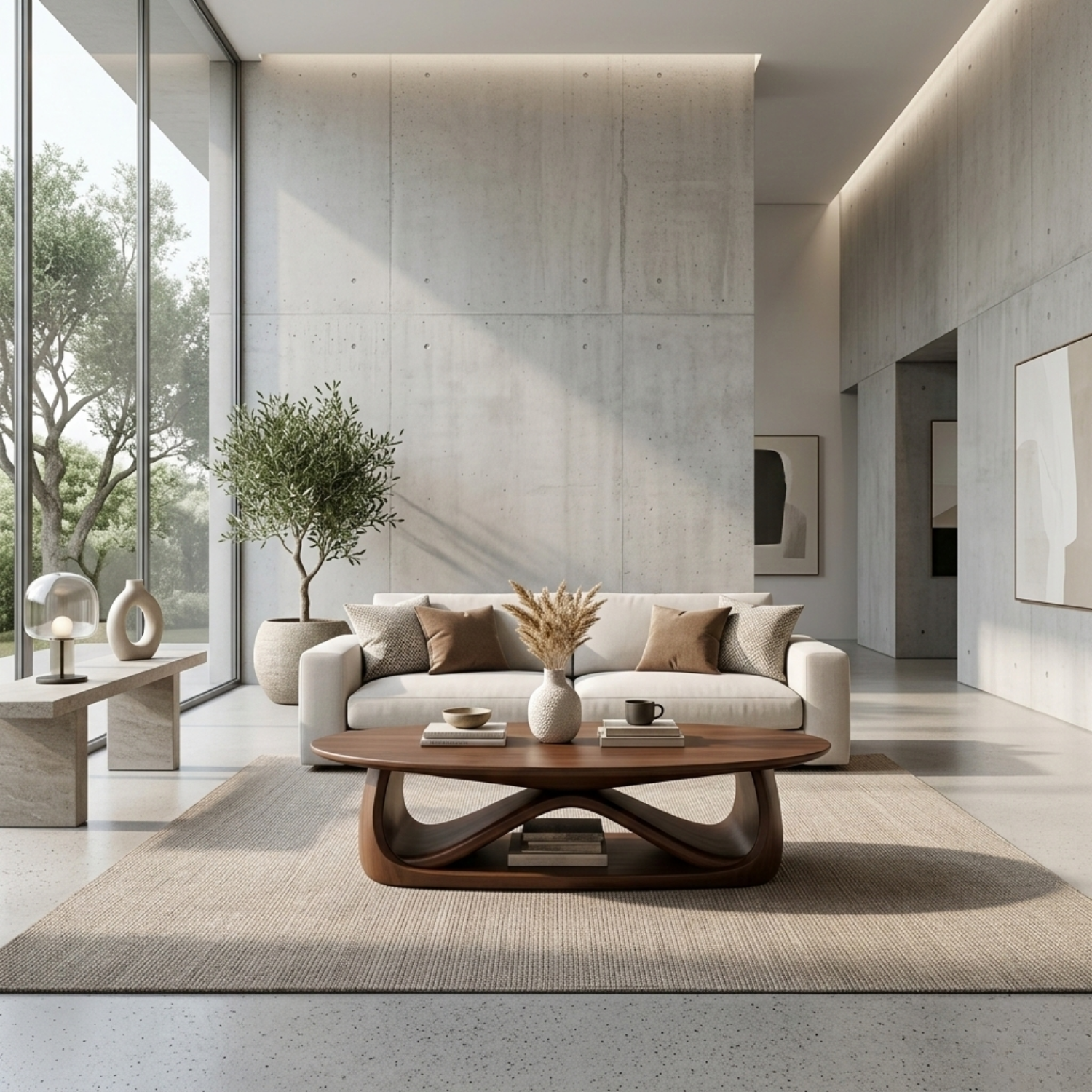 Solid Wood Coffee Table with Sculptural Base – Modern Minimalist Living Room Table