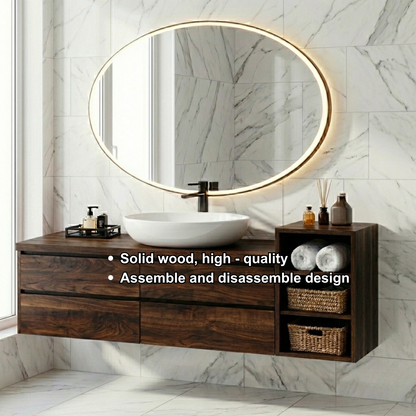 Floating Solid Wood Bathroom Vanity with Drawers & Open Shelf Storage