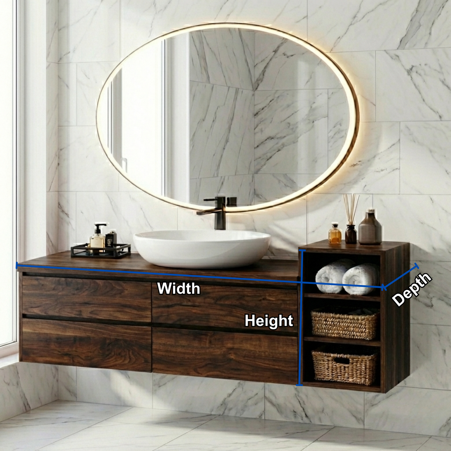 Floating Solid Wood Bathroom Vanity with Drawers & Open Shelf Storage