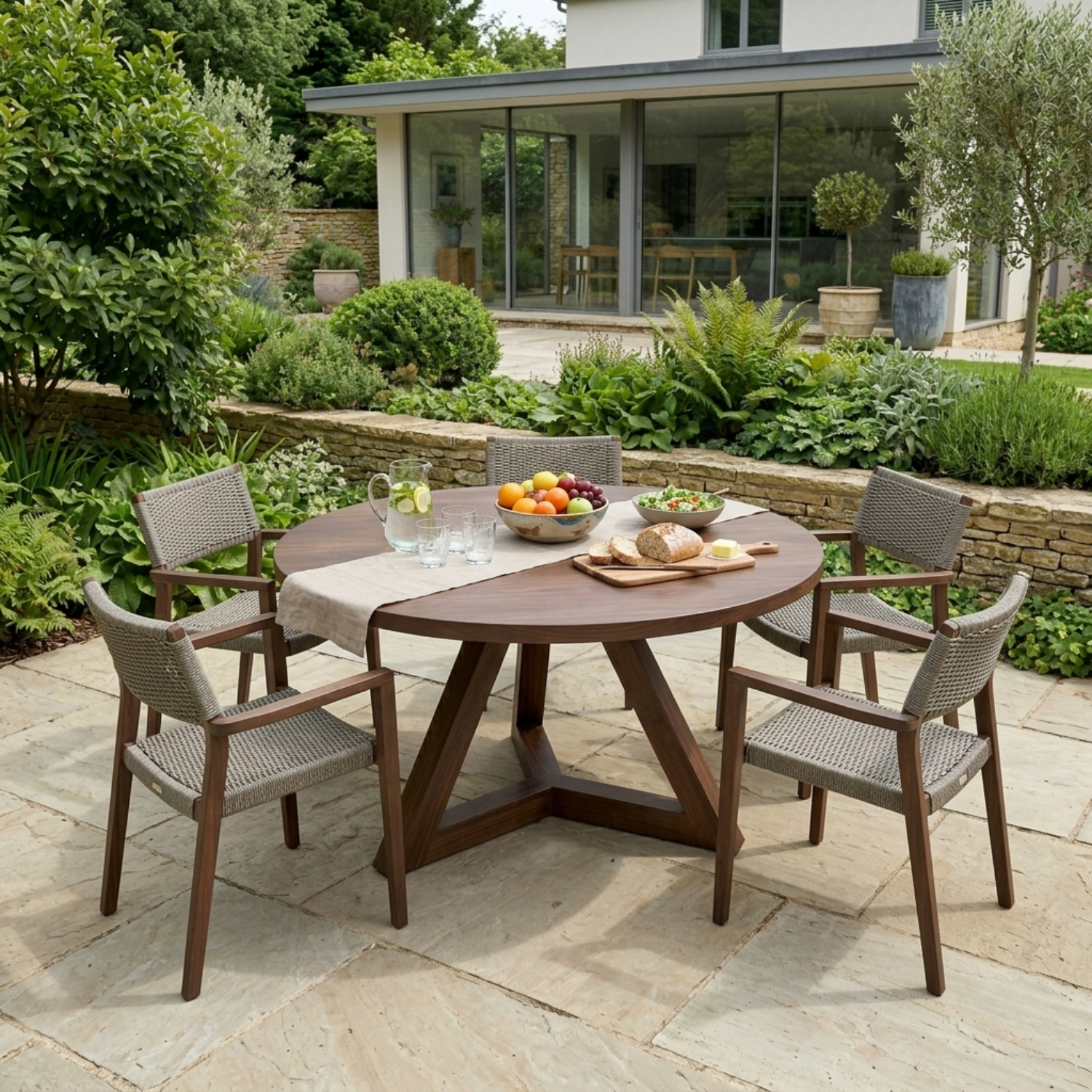 Round Solid Wood Outdoor Dining Table with Angular Cross Pedestal Base ...