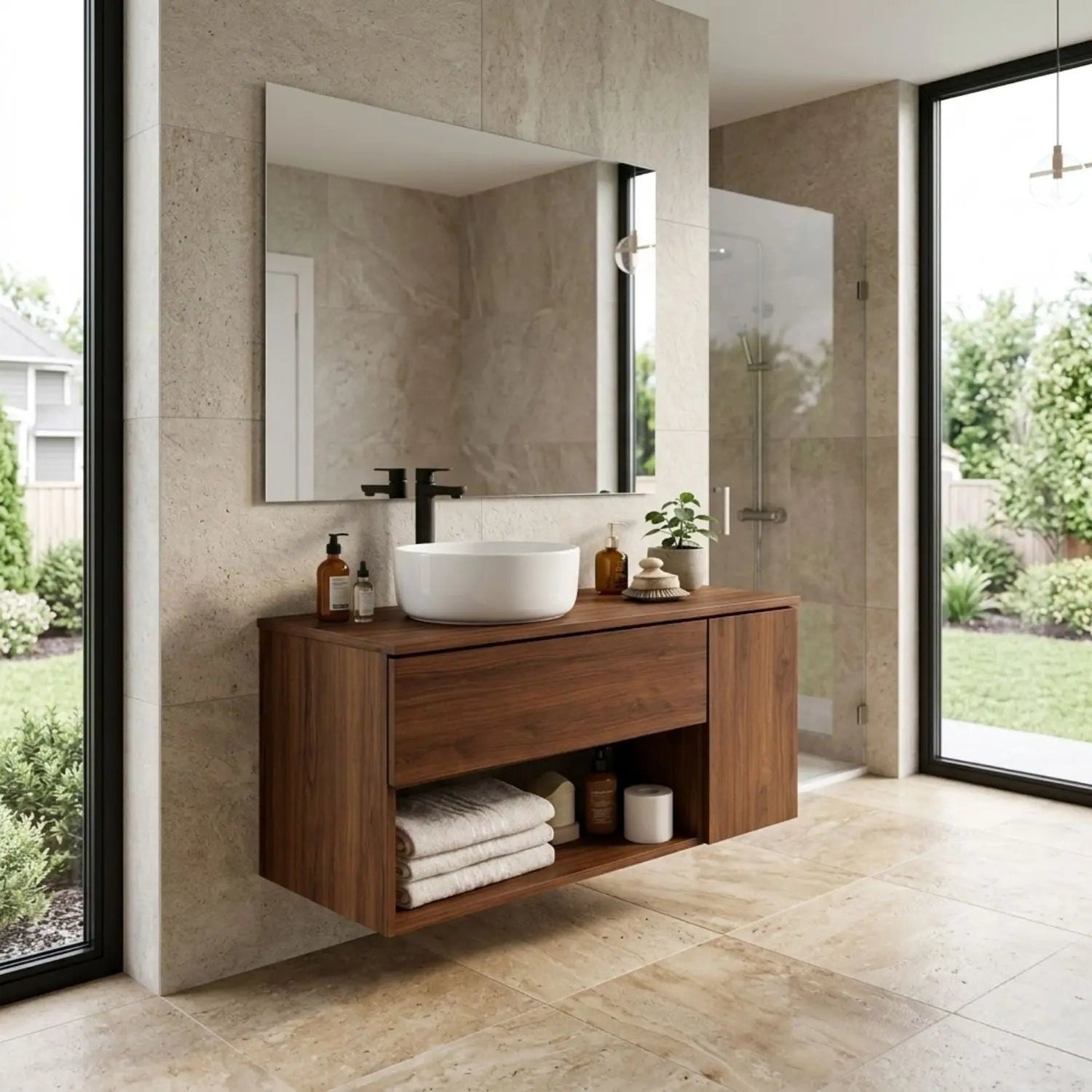 Floating Bathroom Vanity with Drawer and Open Shelf Storage Solid Wood Cabinet Kitchnce
