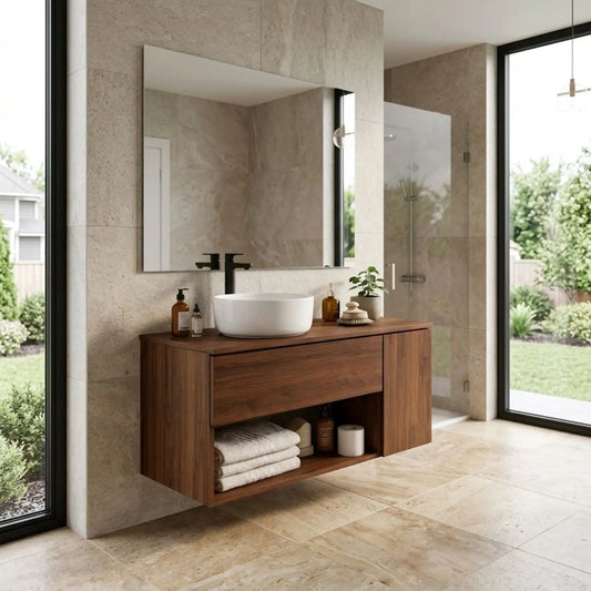 Floating Bathroom Vanity with Drawer and Open Shelf Storage Solid Wood Cabinet Kitchnce