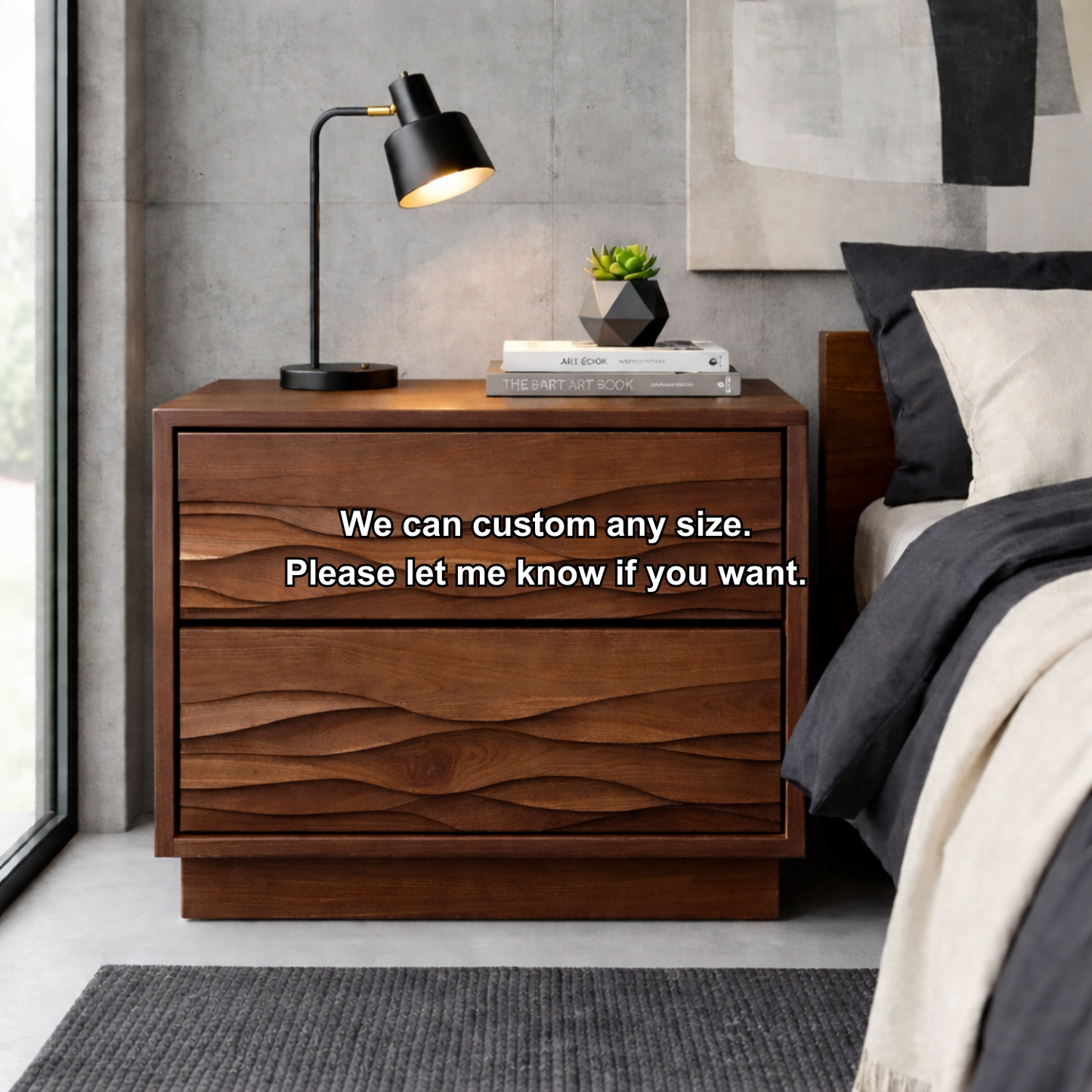 Solid Wood Nightstand with Wave Carved Drawers – Modern Rustic Bedside Table with Storage Kitchnce