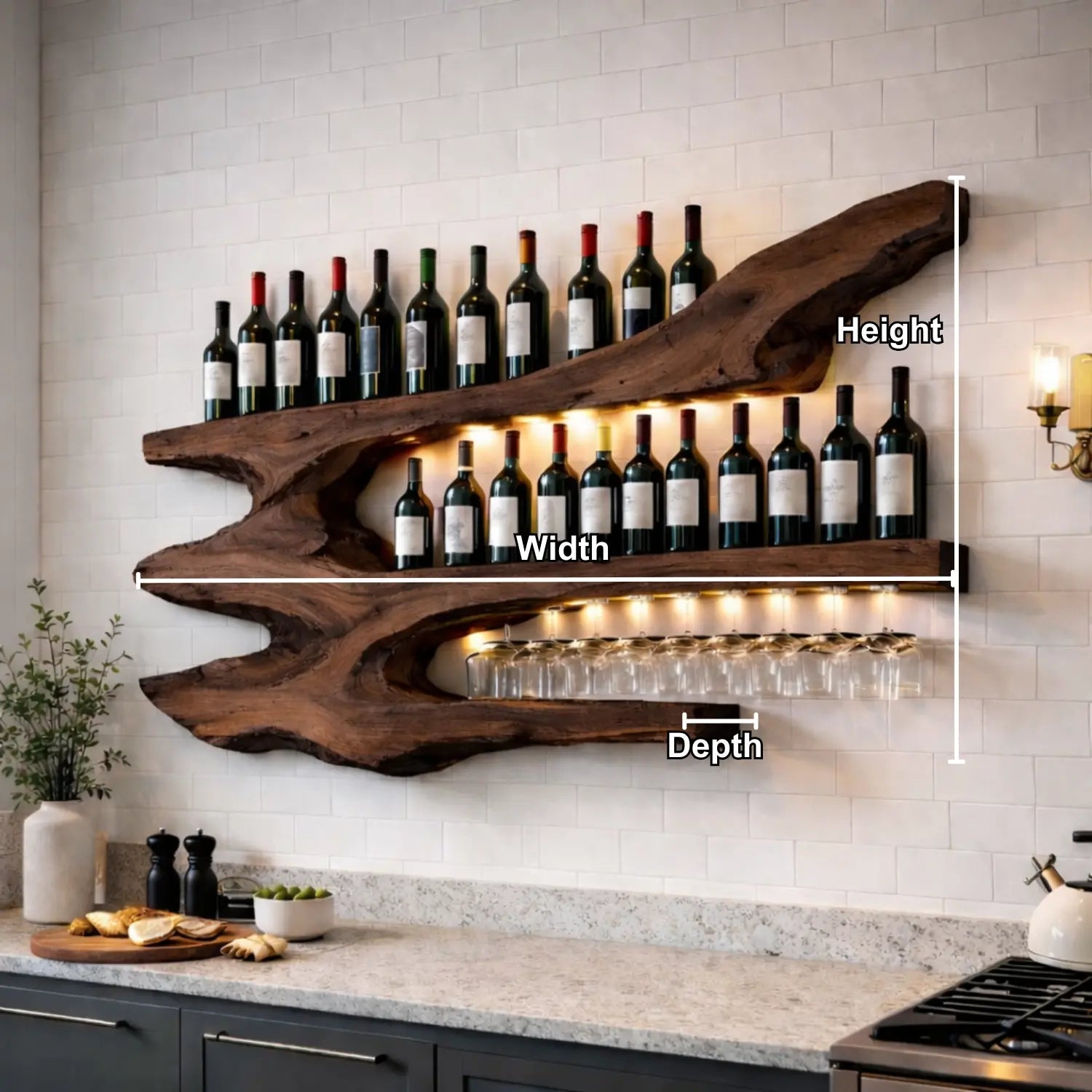 Solid Wood Live Edge Wall Wine Rack with Multi Bottle Shelves and Hanging Glass Holder Kitchnce