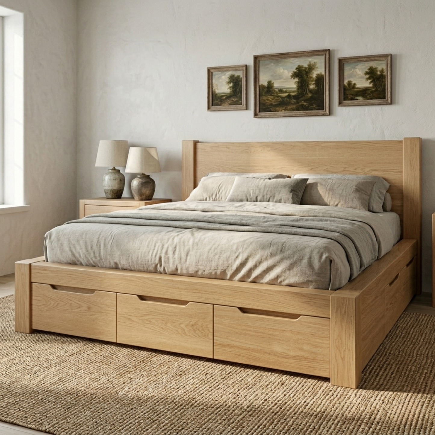 Solid Wood Platform Bed Frame with Underbed Storage Drawers and Panel Headboard