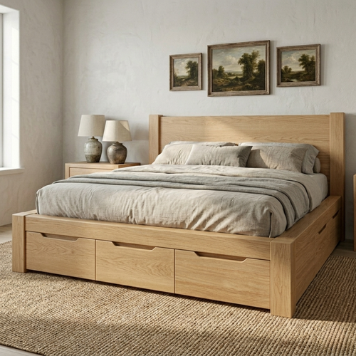 Solid Wood Platform Bed Frame with Underbed Storage Drawers and Panel Headboard