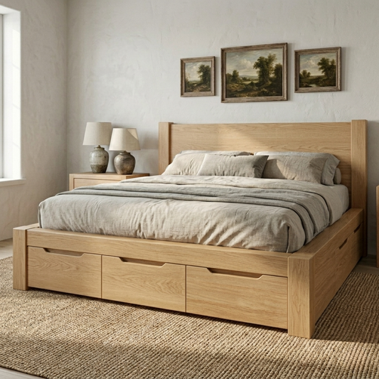 Solid Wood Platform Bed Frame with Underbed Storage Drawers and Panel Headboard