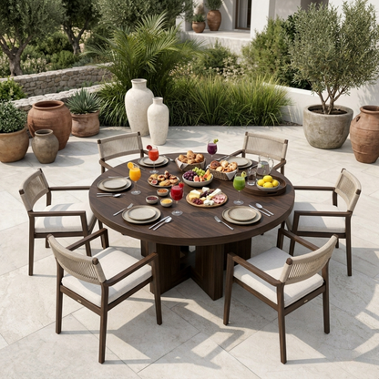 Round Solid Wood Outdoor Dining Table with Architectural Pedestal Base