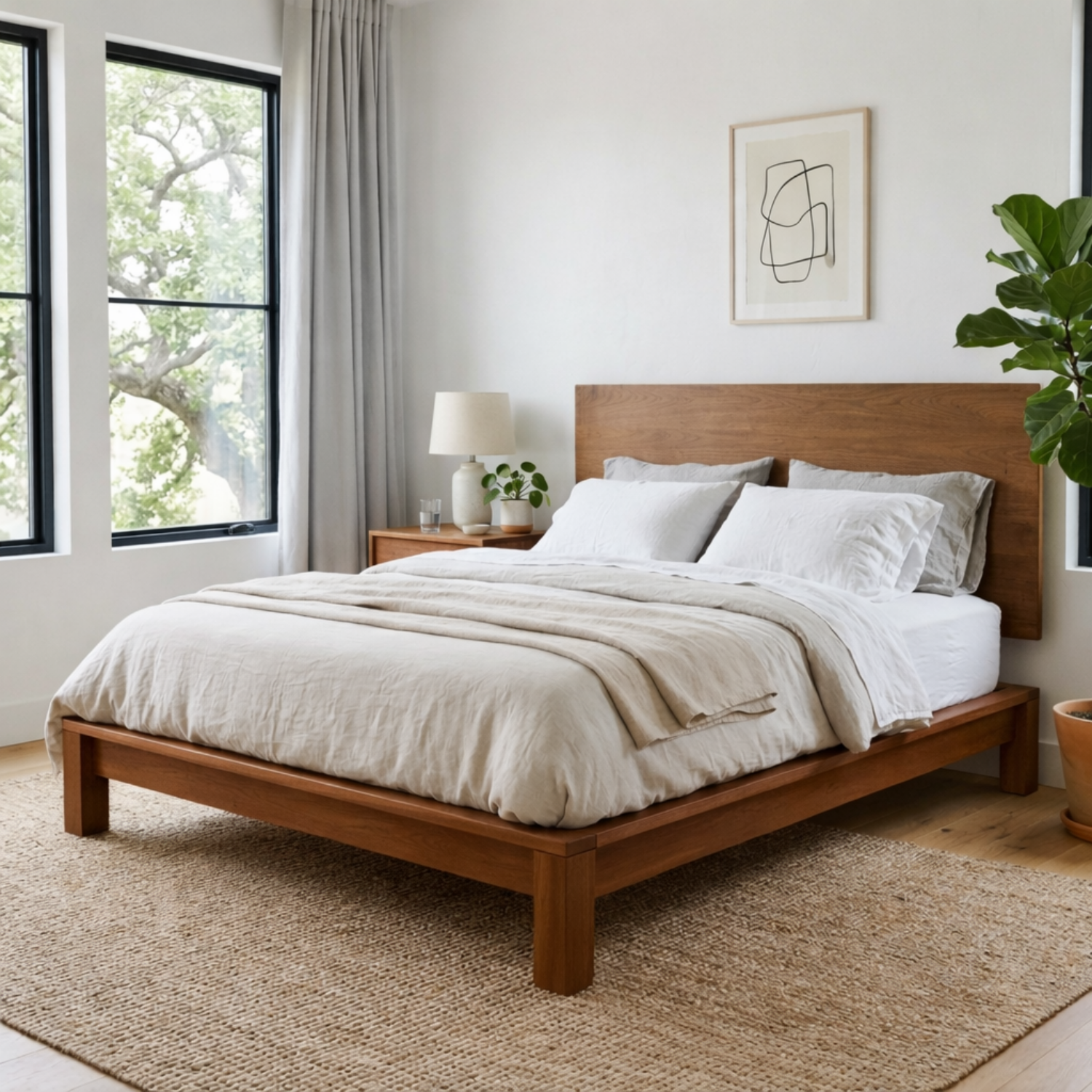 Minimalist Solid Wood Platform Bed Frame with Clean Panel Headboard