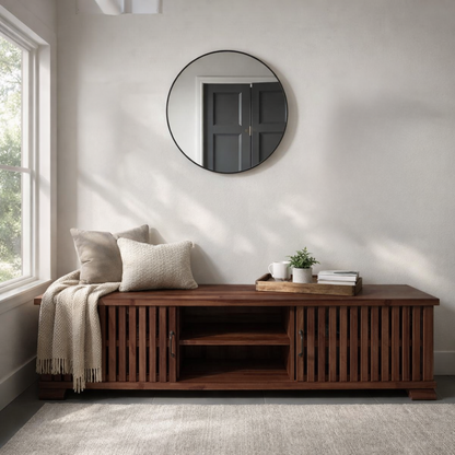 Solid Wood Storage Bench Slatted Doors Low Profile Entryway Bench with Shelf