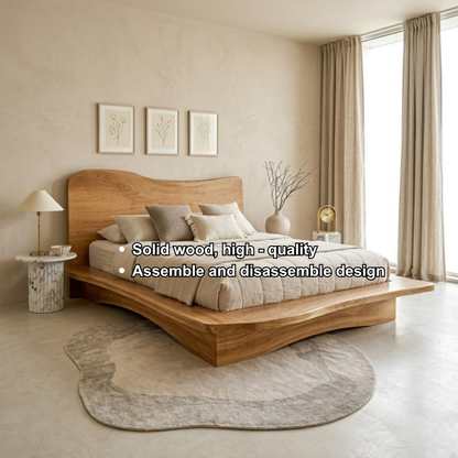 Solid Wood Platform Bed Frame with Sculpted Wave Headboard and Floating Base