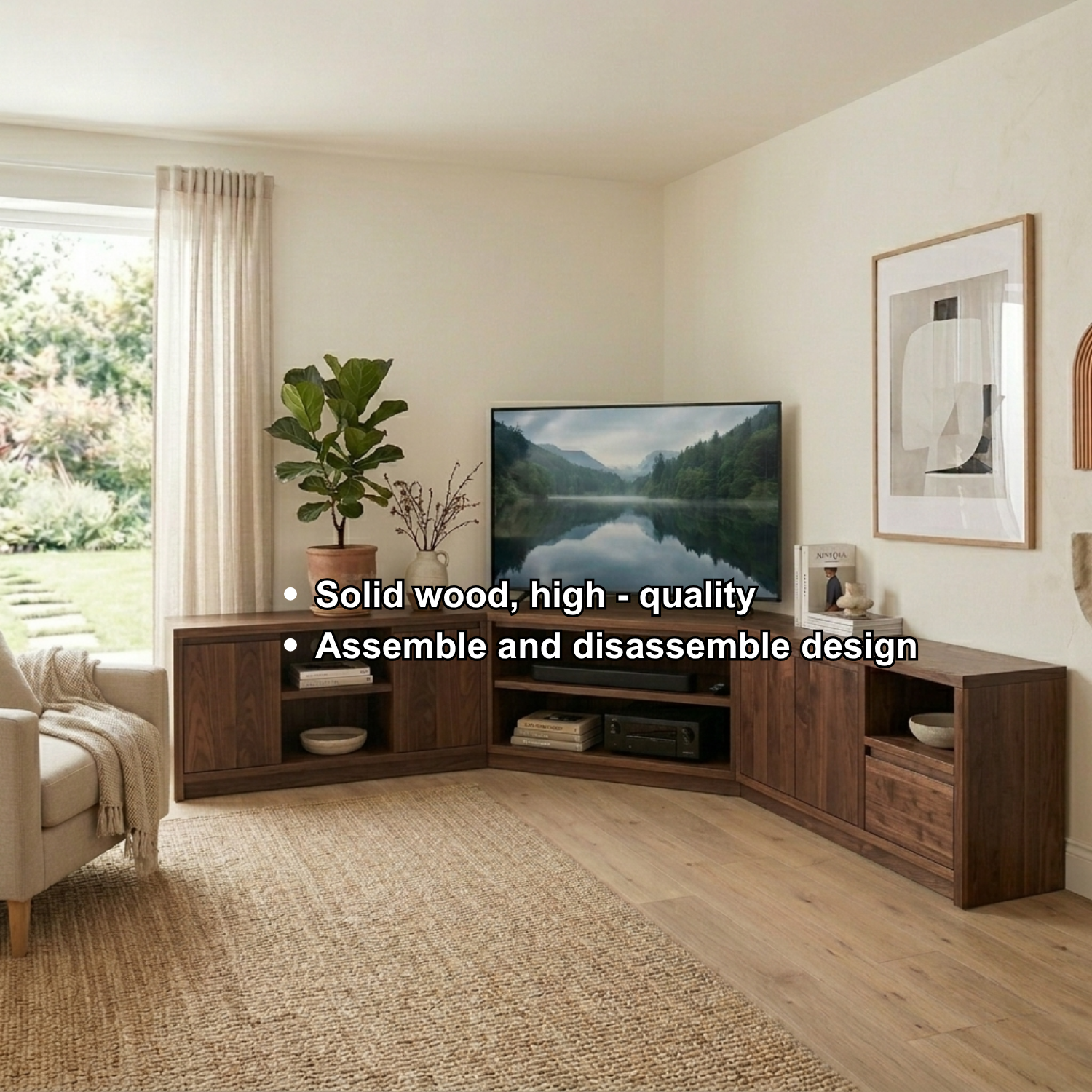 Modular Solid Wood Corner TV Stand with Storage Cabinets and Open Media Shelves