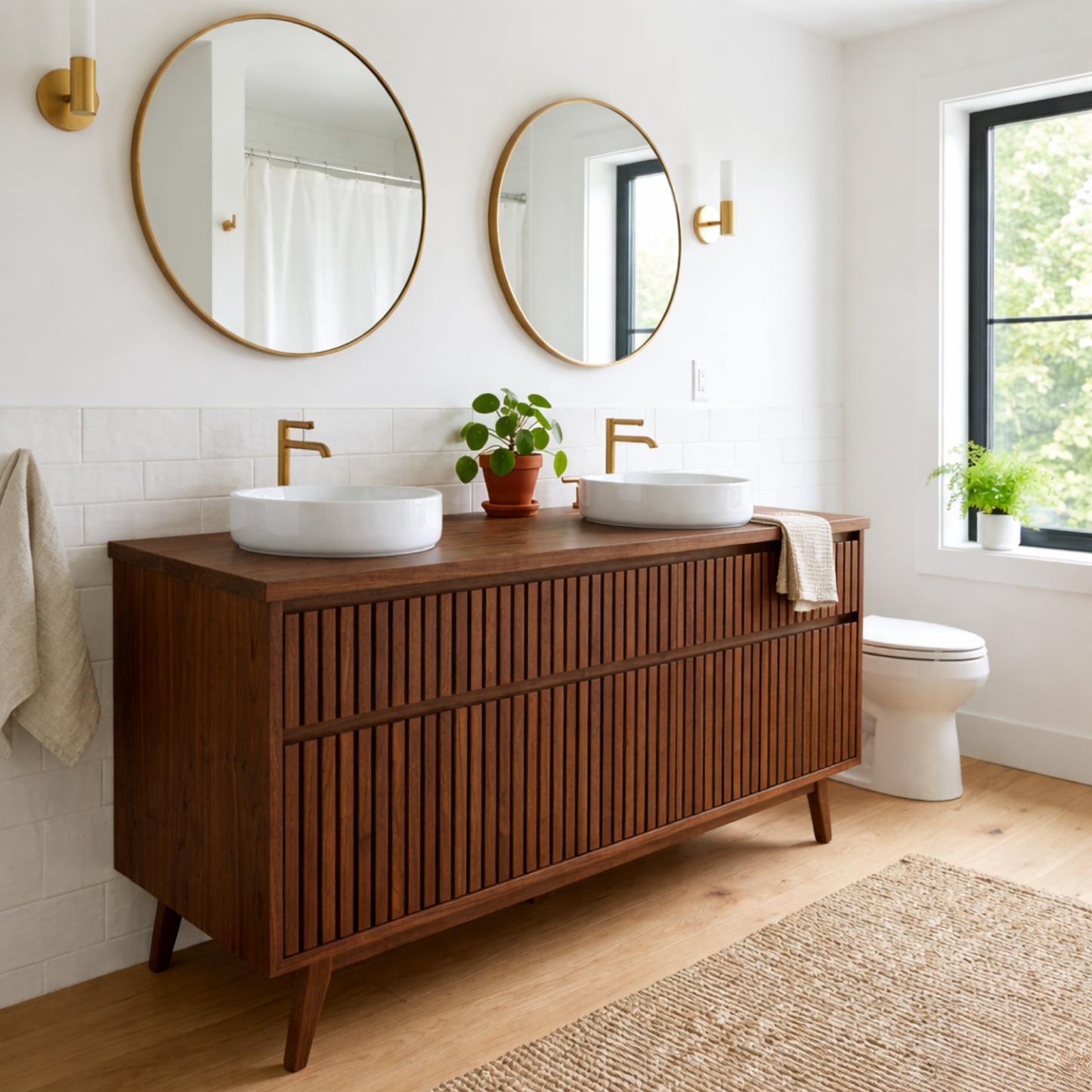 Solid Wood Double Bathroom Vanity Fluted Panel Mid-Century Freestanding Cabinet