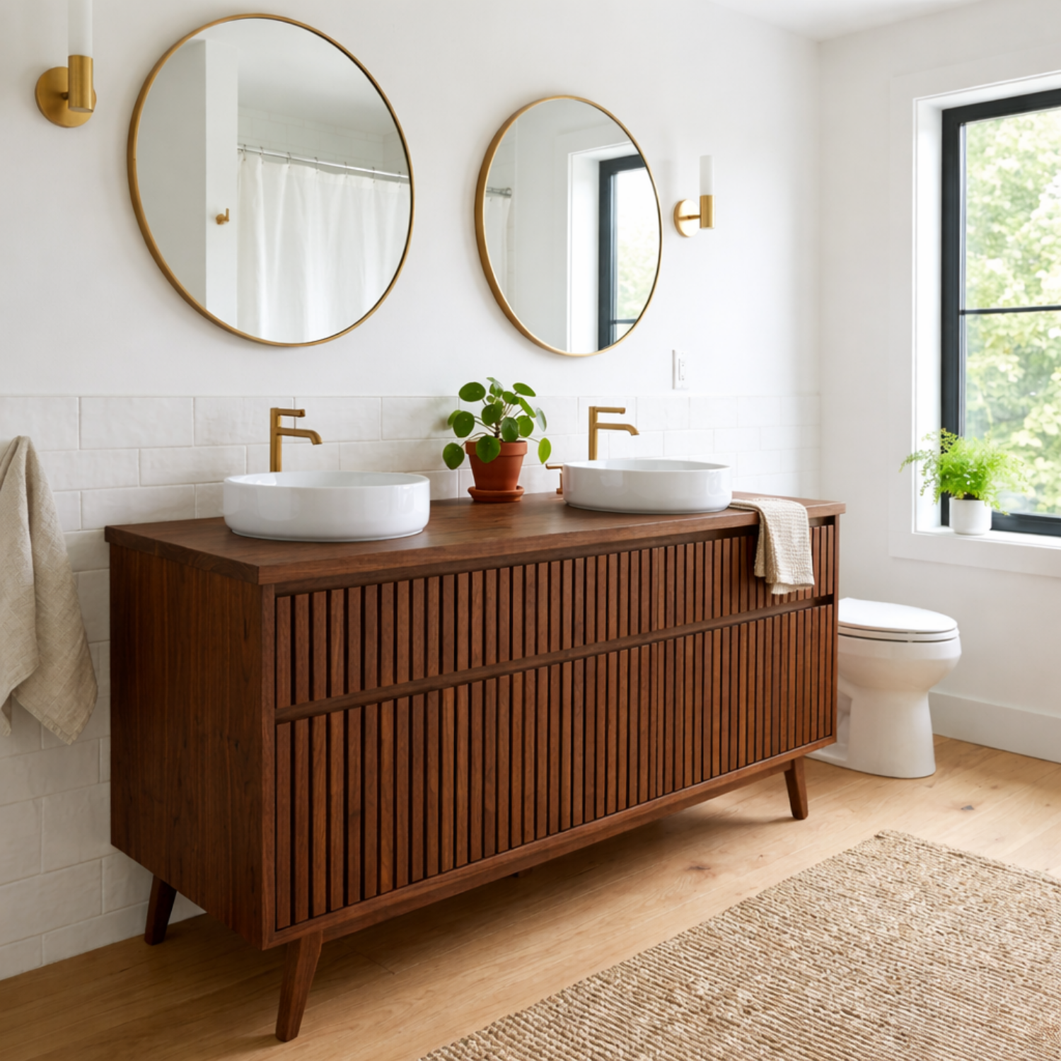 Solid Wood Double Bathroom Vanity Fluted Panel Mid-Century Freestanding Cabinet