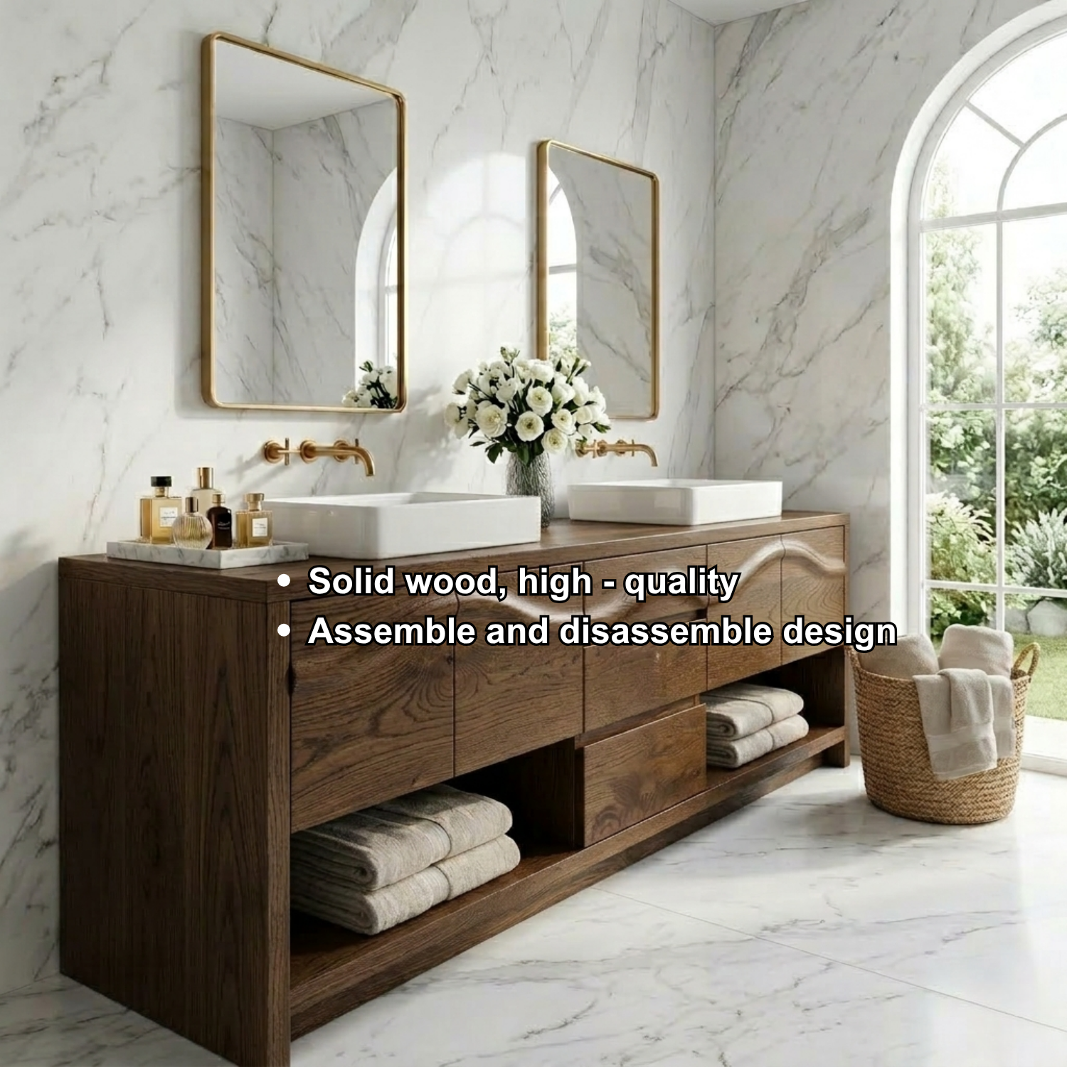 Solid Wood Bathroom Vanity for Double Sink Sculpted Front Modern Open Shelf Cabinet