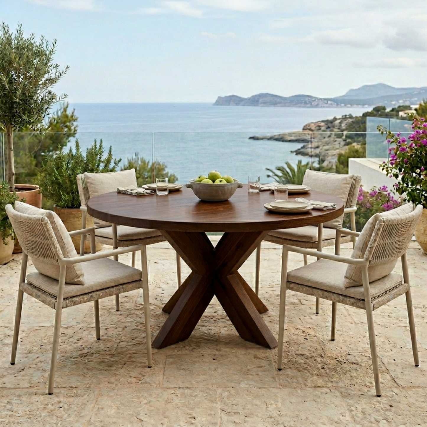 Round Solid Wood Outdoor Dining Table with Sculptural X Pedestal Base