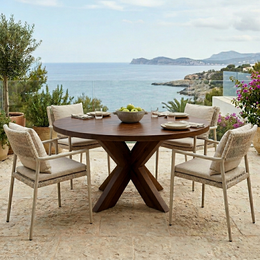 Round Solid Wood Outdoor Dining Table with Sculptural X Pedestal Base