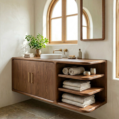 Floating Solid Wood Bathroom Vanity with Rounded Frame, Cabinet Doors and Open Shelving