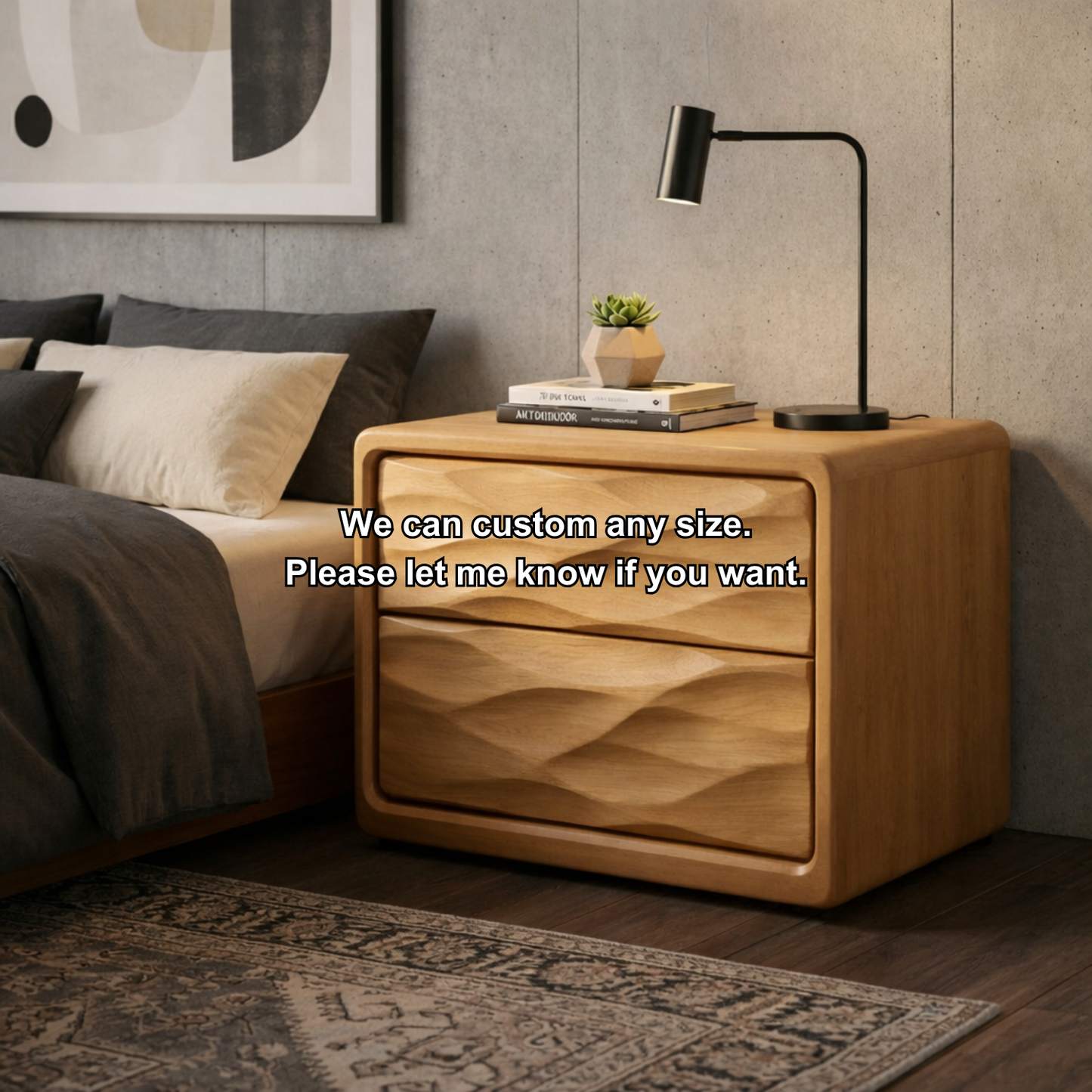 Solid Wood Nightstand with Wave Carved Drawers – Modern Walnut Bedside Table with Storage Kitchnce