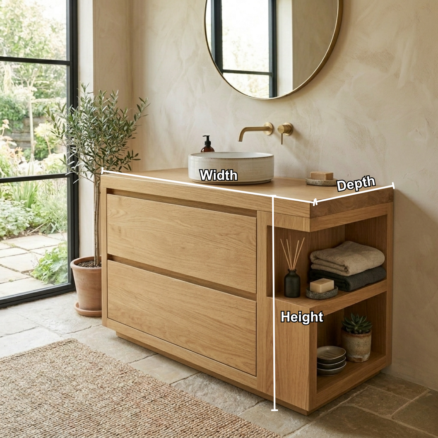 Solid Wood Bathroom Vanity with Two Drawers and Side Open Shelves