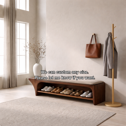 Curved Solid Wood Shoe Storage Bench with Open Shelf – Minimalist Entryway Bench
