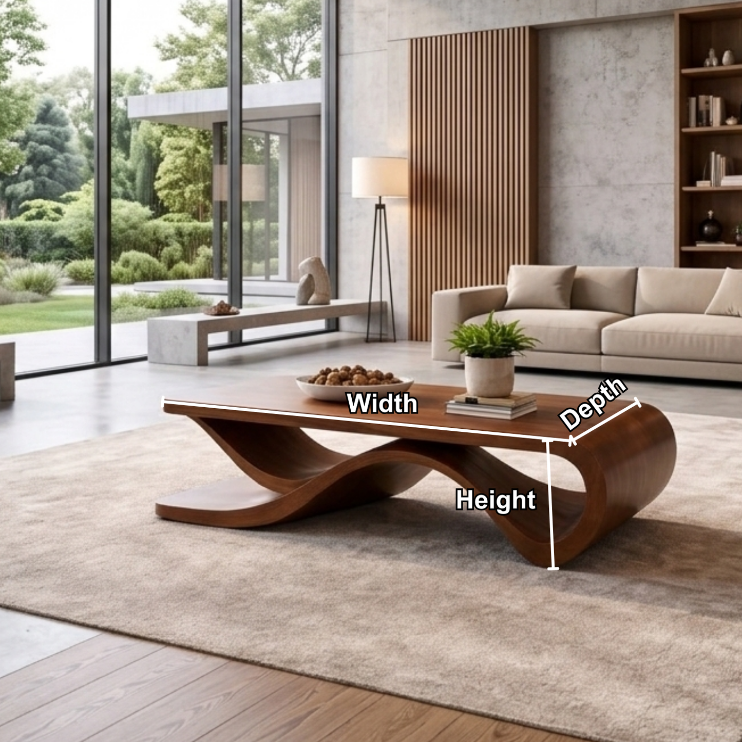 Solid Wood Coffee Table with Wave Sculptural Base – Modern Designer Living Room Table Kitchnce