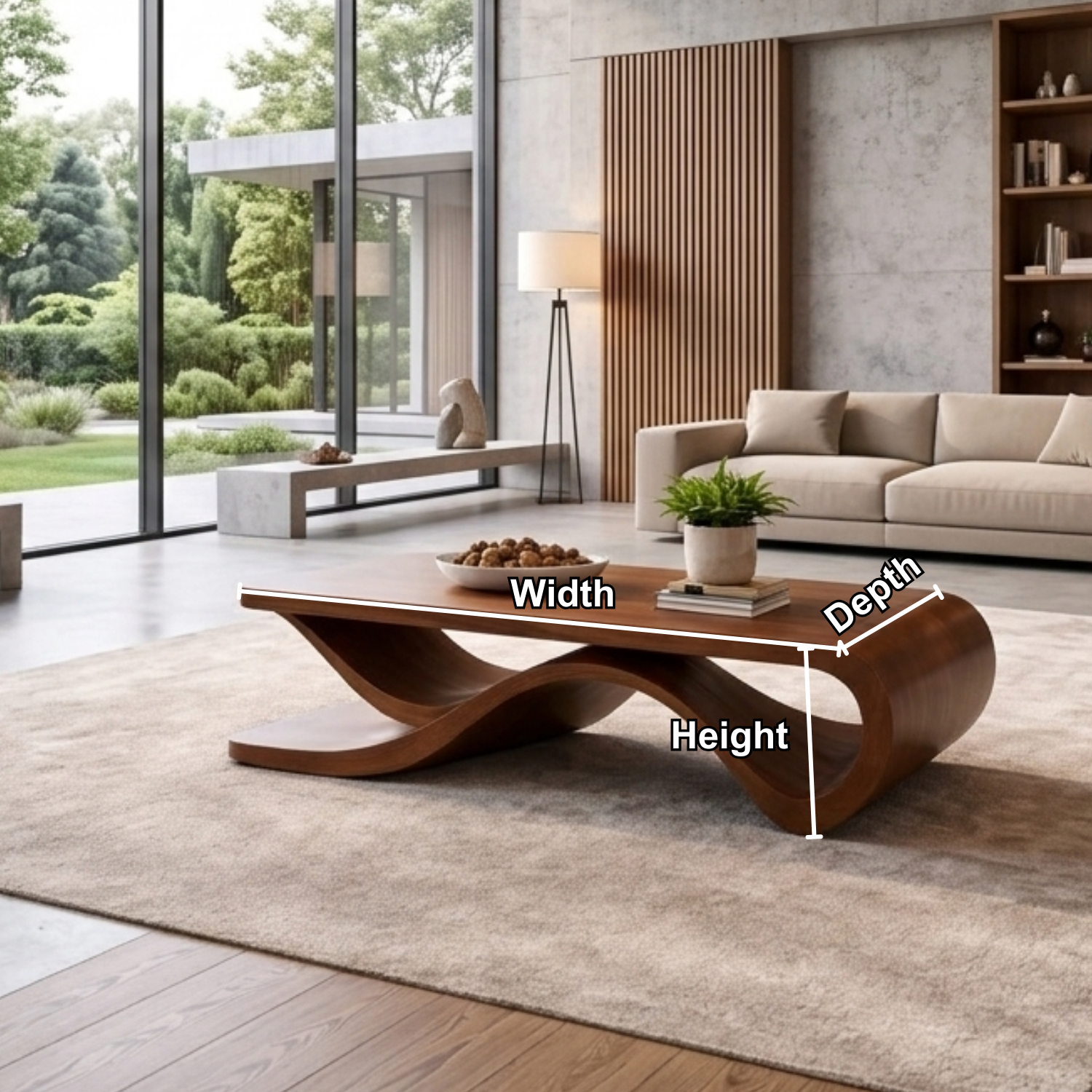 Solid Wood Coffee Table with Wave Sculptural Base – Modern Designer Living Room Table Kitchnce
