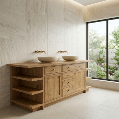 Double Solid Wood Bathroom Vanity - Handcrafted Farmhouse Cabinet with Side Shelves