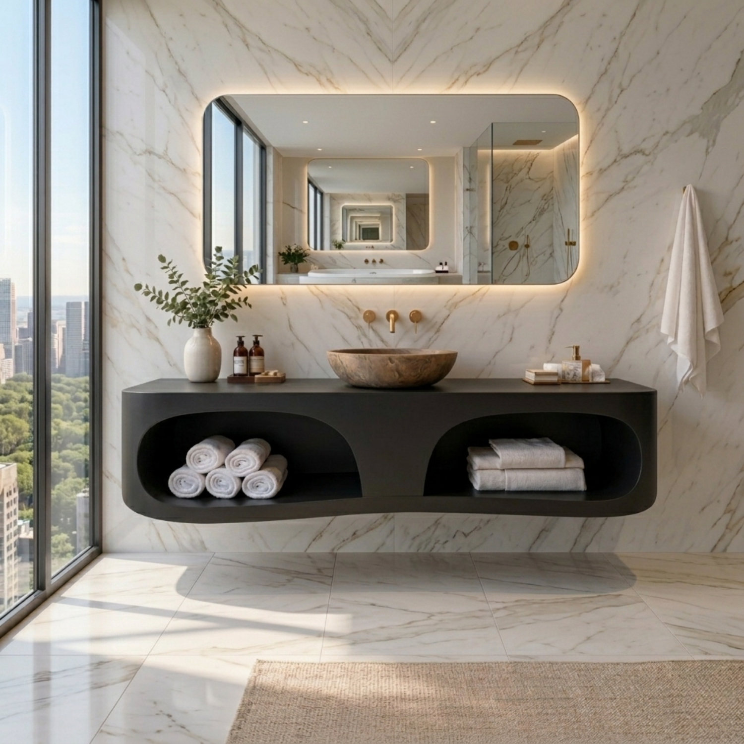 Solid Wood Floating Bathroom Vanity with Open Shelf – Modern Wall Mounted Vanity Kitchnce