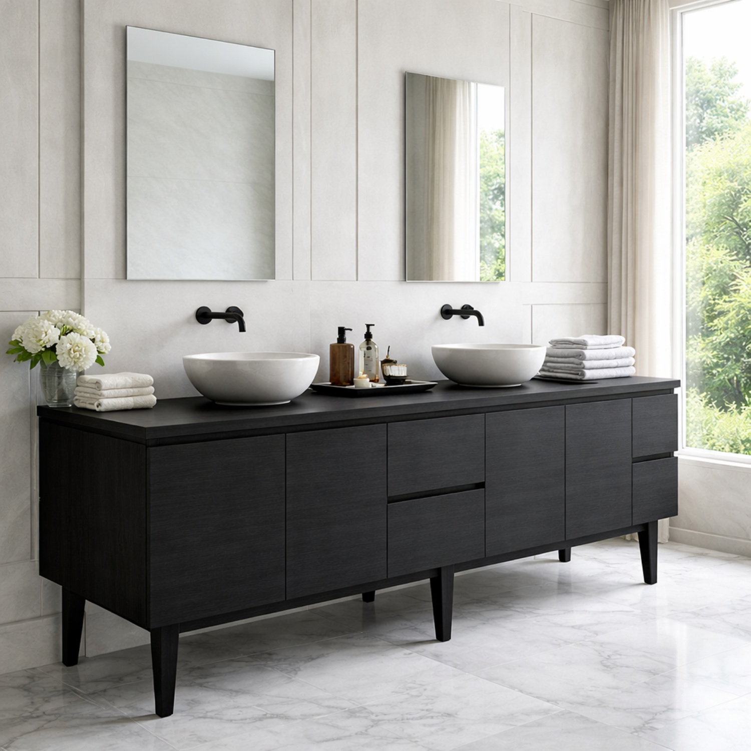 Handcrafted Mid-Century Modern Solid Wood Double Bathroom Vanity - Design Storage Cabinet