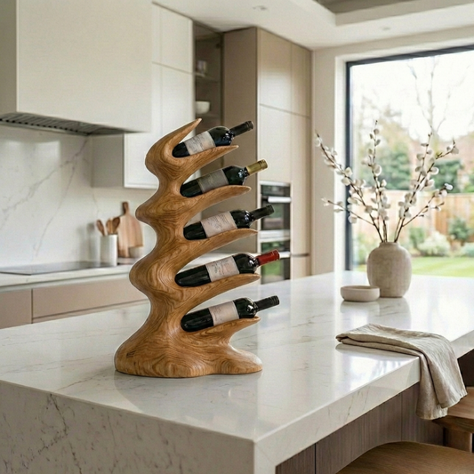 Handcrafted Solid Wood Wine Holder – Vertical Sculptural Countertop Wine Rack