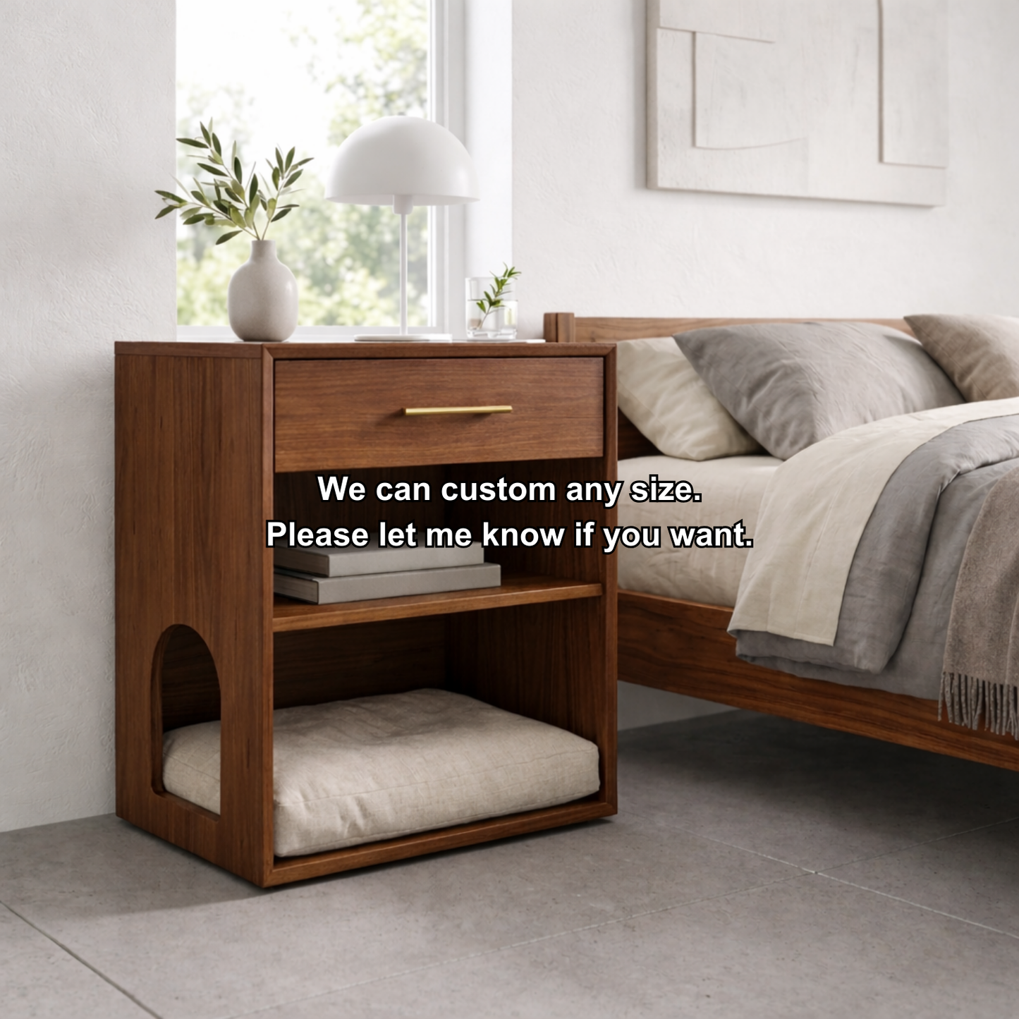 Solid Wood Bedside Table with Cat Sleeping Nook – Modern Nightstand with Drawer & Shelf Kitchnce