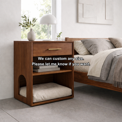 Solid Wood Bedside Table with Cat Sleeping Nook – Modern Nightstand with Drawer & Shelf Kitchnce