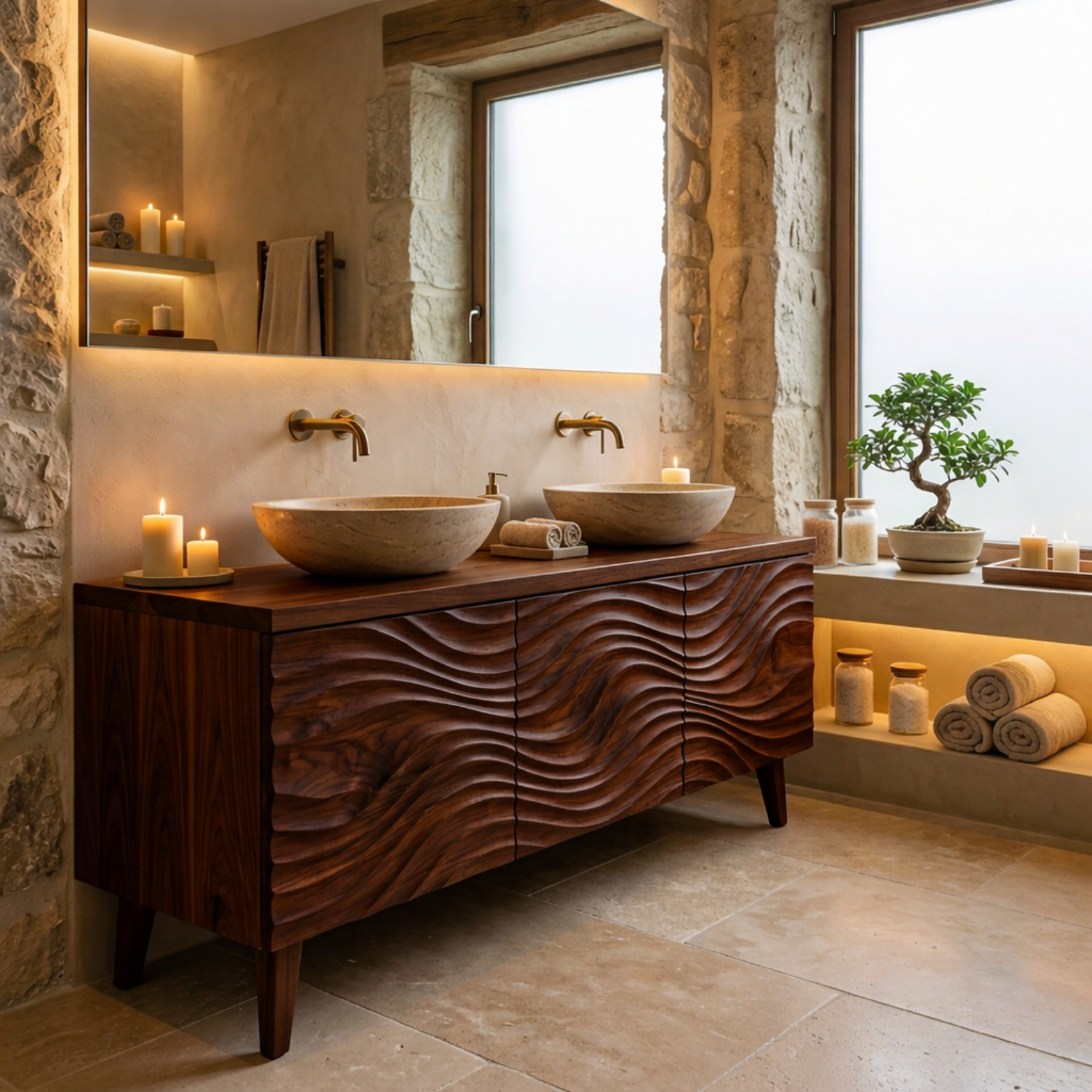 Solid Wood Bathroom Vanity with 3D Wave Carving & Legs – Rustic Spa Style