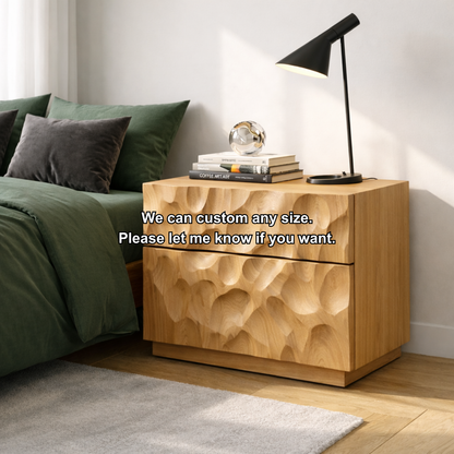 Solid Wood Nightstand with Hand-Carved Drawer Front – Modern Sculptural Bedside Table Kitchnce