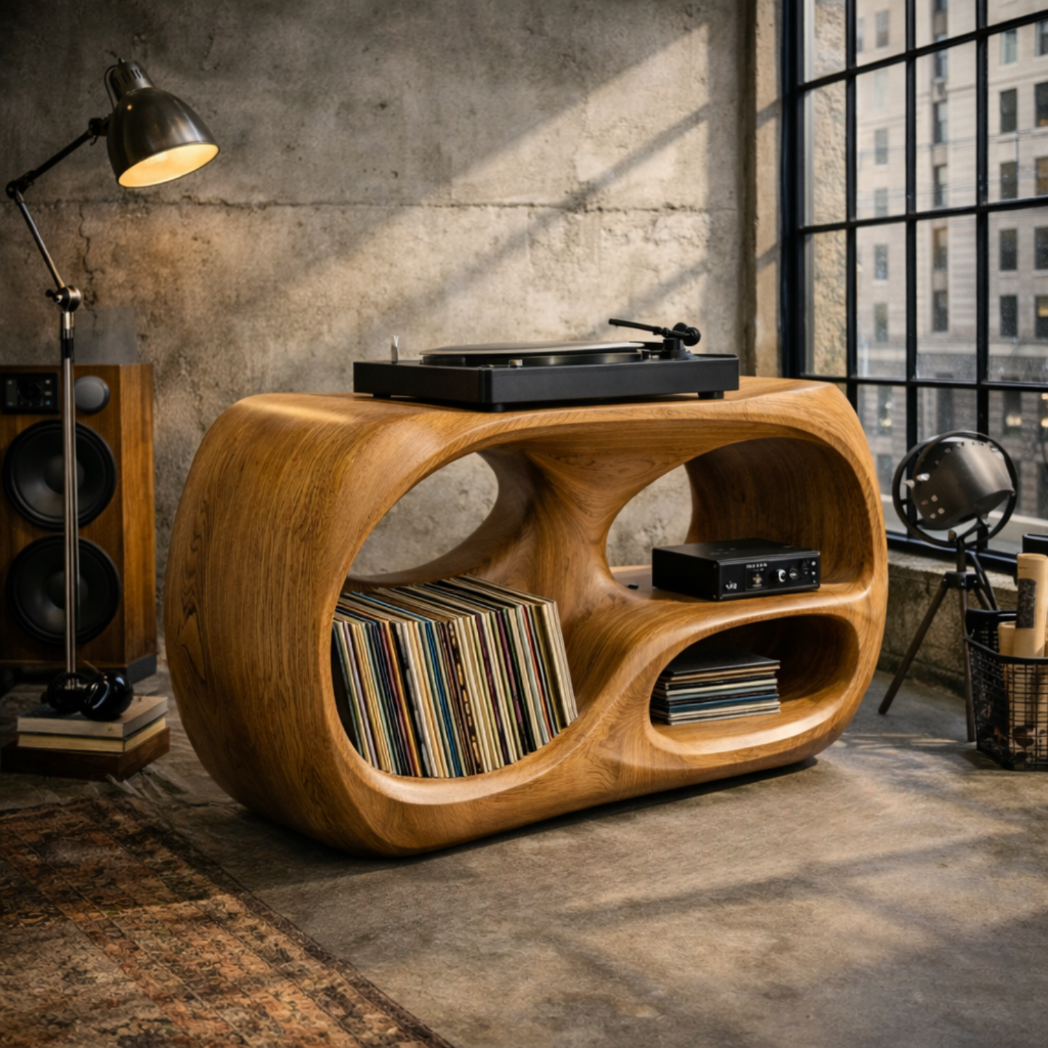 Organic Curve Solid Wood Record Player Stand with Built-In Vinyl Storage Kitchnce