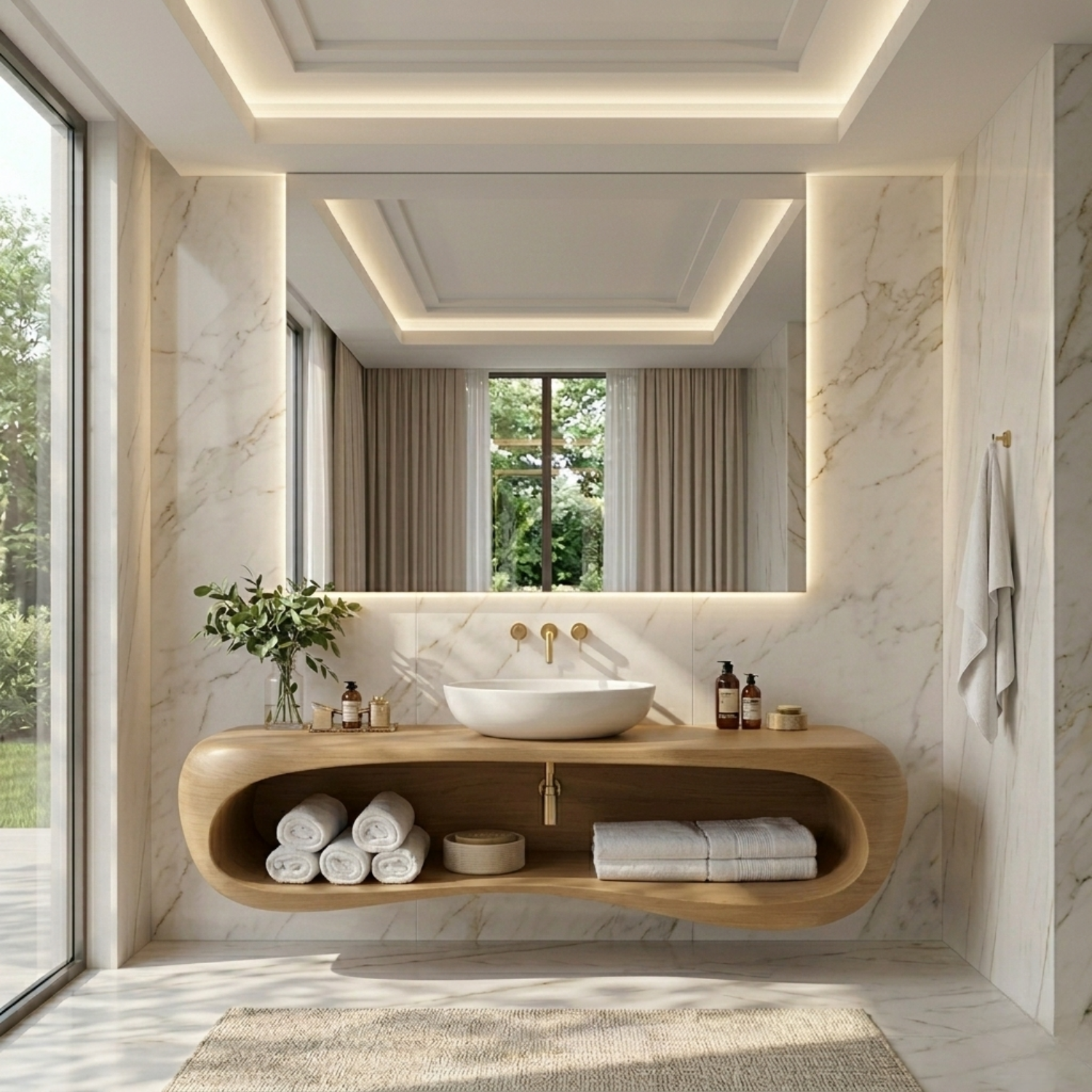 Solid Wood Floating Bathroom Vanity with Curved Open Shelf – Modern Wall Mounted Vanity Kitchnce