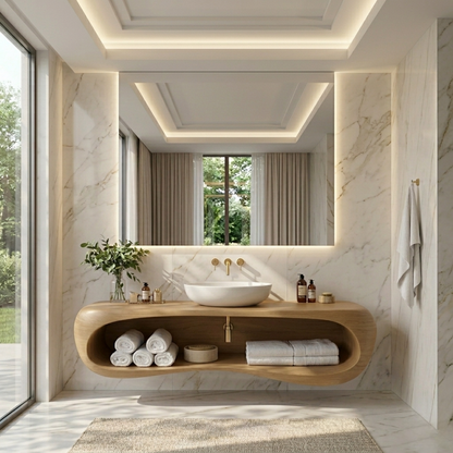 Solid Wood Floating Bathroom Vanity with Curved Open Shelf – Modern Wall Mounted Vanity Kitchnce