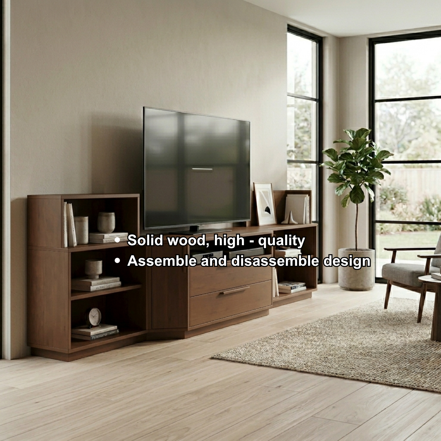 Modern Modular Solid Wood TV Stand with Open Shelves & Storage Cabinet