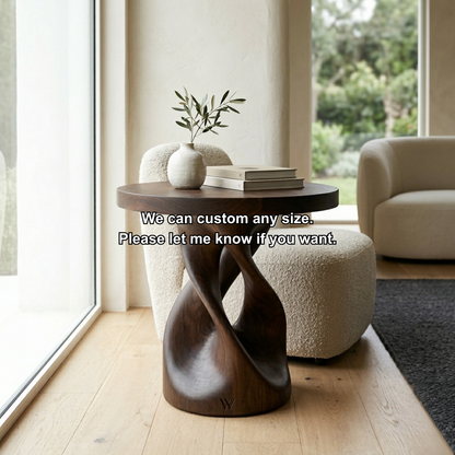 Solid Wood Sculptural Side Table – Modern Round Accent Table with Artistic Base Kitchnce