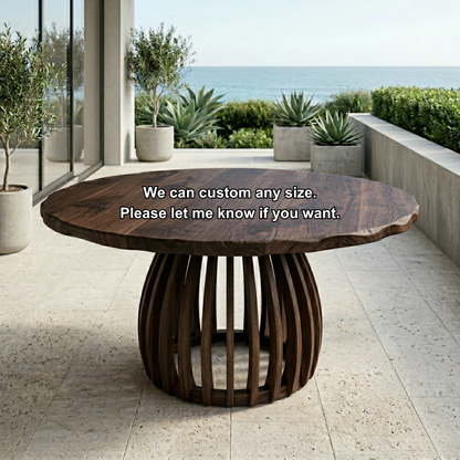 Round Live Edge Solid Wood Outdoor Dining Table with Sculptural Slatted Pedestal Base