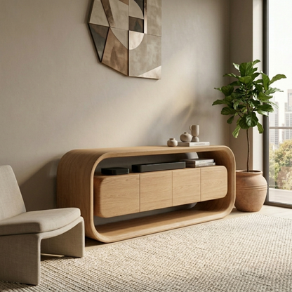 Solid Wood TV Stand with Sculpted Rounded Frame and Floating Cabinet Storage